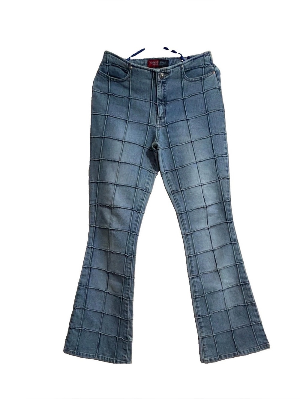 Younique Blue Grid Patchwork Flare Jeans Size 9